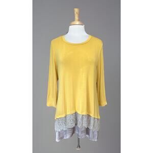 LOGO Lori Goldstein Tiered Tunic Top 3/4 Sleeve Satin & Lace Yellow Taupe L